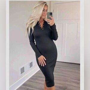NEW Merokeety V Neck Collared Ribbed Sweater Knit Midi Dress Black S